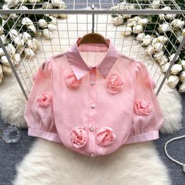 Women's Blouses Women Three-dimensional Flower Puff Sleeve Loose Turn-down Collar Blouse Solid Color Shirt Sexy Girl Party Chiffon Top Tees