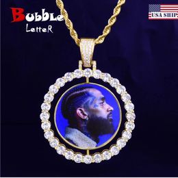 Bubble Letter Custom Po Necklace for Men Rotating Double-Sided Medallions Spinning Pendant Hip Hop Jewellery 240423