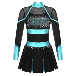 Girl Cheerleading Performance Dance Costume Female Cheerleading Uniform Long sleeved Shining Water Diamond Transparent Mesh Dress 240425