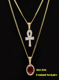 2pcs Sets Pendant BlackRedBlue Mini Round Gemstone Big Rhinestones Key Cuban Chain Two Necklace Men Women HipHop Jewellery 2 Nec1886084