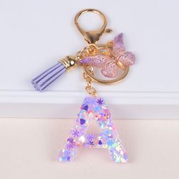 Purple Butterfly Keychain Exquisite A-Z 26 Letter Resin Snowflake Sequin Filled Letter Keyring Car Keychain Pendant for Bags Girls