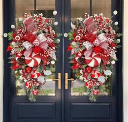 Decorative Flowers Wreaths 50cm Large Christmas Wreath Hanger For Front Door Fireplace Red Christmas Candy Cane Wreath Xmas Tree G6610892