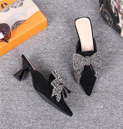 Brand Fashion 2020 Women Slip On Mules Loafer High Heel Slides Pointed Toe Crystal Bow Female Slippers Casual Shoes Sandal Pumps1577026