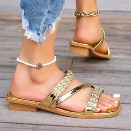 Slippers Shoes For Women 2024 High Quality Modern Summer Dress Crystal Square Heel Open Toe Females