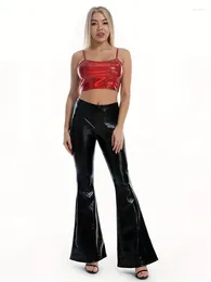 Women's Pants Women Shiny Patent Leather Bodycon Flare Ladies High Waist Elastic Band PU Bell-Bottom Trousers Fashion Custom