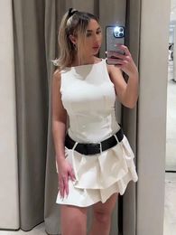 Fashion Mini Dress with Belt Sexy Slim O Neck Sleeveless Chic Short Dresses Spring Summer Casual Female High Street Vestido 240425