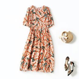 2023 Spring Round Neck Silk Floral Print Panelled Dress Multicolor Short Sleeve Mid-Calf Midi Casual Dresses C2S124026 2276