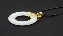 Natural Xinjiang Kunlun White Jade Quartz Rock Jade Peace Ring Pendant Inlaid Peace Circle Women039s Sweater Chain6248104