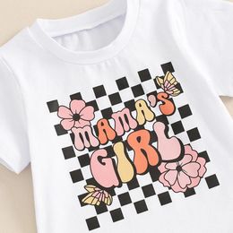 Clothing Sets Little Girl Summer Set Letter Floral Print Short Sleeve Tops With Checkerboard Bell-Bottom Pants 2 Pcs Outfit