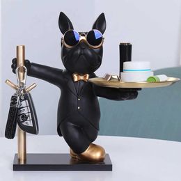 Decorative Objects Figurines French Bulldog Sculpture Dog Statue Decorative Figurine Storage Metal Tray Coin Piggy Bank Entrance Key Snack Holder T240505