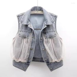 Women's Tanks Spring Summer Mesh Yarn Denim Vest Women Short Fashion Sleeveless Jacket Female Slim Jean Waistcoat Ladies Outerwear W295