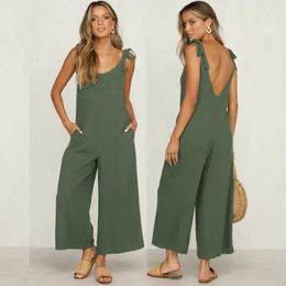 Women Rompers Summer Ladies Casual Clothes Loose Linen Cotton Jumpsuit Sleeveless Backless Playsuit Trousers Overalls 240429