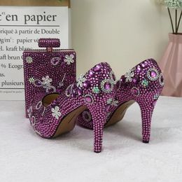 Dress Shoes Women Wedding Bride Purple Crystal Party With Matching Bags Fashion High Heels Platform Round Toe