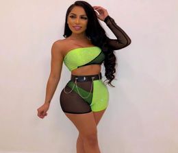 Sexy Club Outfits Women 3 Piece Set Summer Festival Clothing Mesh One Shoulder Rhine Crop Top Shorts Set Neon Matching Sets Y2001105467328