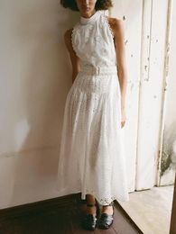 Casual Dresses Summer Embroidery White Midi Dress Women Elegant Hollow Out Female Stand Collar Sleeveless Belt Ladies Long