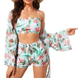 Women's Swimwear 3-Pcs Floral Print High-waisted Sexy Swimsuit Long-sleeved Bikini Set 2024 Summer Beach Push Up Bathing Suits