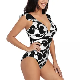 Women's Swimwear Sexy One Piece Swimsuit 2024 Women Black And White Panda Heads Ruffled Monokini Female Bodysuit Girl Beach Bathing Suit