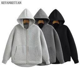 Keyanketian Winter Womens Zipper Hoodie High Street Style Unisex Bolsões duplos de tampas de tamanho grande