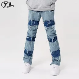 Men's Jeans Patchwork Tassels Straight Mens Hip Hop Gothic High Street Denim Pants American Baggy Blue Cowboy Trousers Spring Autumn
