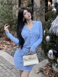 Work Dresses Sexy Girl V-neck Long Sleeve Women's Knitted Coats High Waist Slim Fit Short Skirts Spring And Autumn Fashion Two-Piece Set