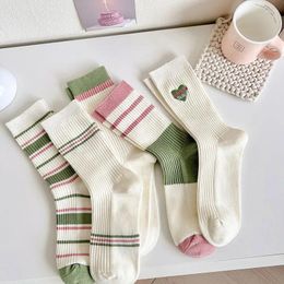 Women Socks 2 Pairs Of Spring/summer Women's Mid-tube Striped Embroidery Tide Cotton Pile Casual