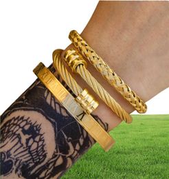 3pcsSet Roman Numeral Mens Bracelets Stainless Steel Hemp Rope Open Bangles Gold Pulseira Bileklik Bracelet Jewelry9960788