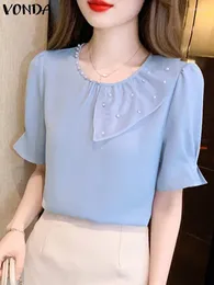 Women's Blouses Summer Tops VONDA Women Ruffled Shirts 2024 Round Neck Casual Solid Colour Fashion Short Puff Sleeve Loose Blusas Femme