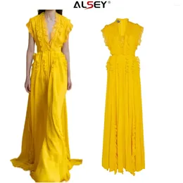 Casual Dresses ALSEY V-neck Yellow Women's Dress Temperament Fashion Long Lace Clothes Chiffon Sexy 2024 Spring Summer