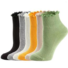 Women Socks 6 Pairs Ruffle Frilly Black White Novelty Funny Ankle Cute Solid Cotton Breathable Fashion Crew Sock