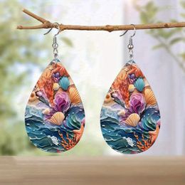 Dangle Earrings Droplet Shape Colourful Shells Flower Pattern Boho Vacation Style PU Leather Jewellery Delicate Female Gift