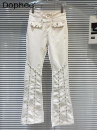 Women's Jeans Fashion Girl Rhinestone Beaded White 2024 Spring Summer Street Style Solid Colour Flared Trousers Women