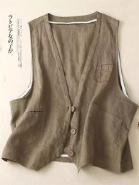Women's Vests 2024 Retro Pocket Embroidered Summer Linen Vest For Women Loose V-Neck Cardigan Short Jacket Slimming Sleeveless Top K670