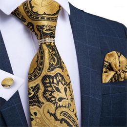 Bow Ties Men Necktie Gold Paisley Wedding Tie For Ring Silk Set Hanky Cufflinks DiBanGu Designer Business JZ03-71921 302l