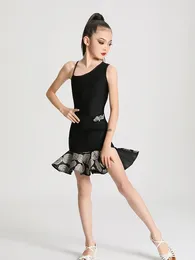 Stage Wear Children's Latin Dance Training Dress Girls Summer Competition Black Printed Performance