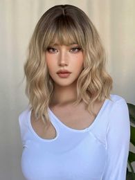 Wig womens short curly hair collarbone method Japanese and Korean gradient blonde hair headgear full headgear breathable and natural in summer