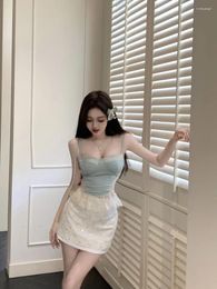 Work Dresses Spicy Girl Hanging Neck Sling Tank Top Sequin Skirt Two Piece Set Women Lace Splice Collarbone Sleeveless Sweet Slim Summer