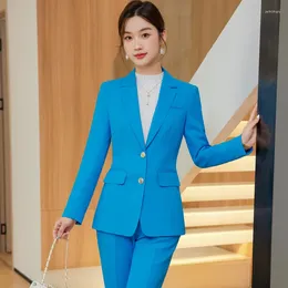 Women's Two Piece Pants Ladies Business Suits For Women 2 Pant And Jacket Set Blue Blazer Work Wear Office Uniform OL Styles