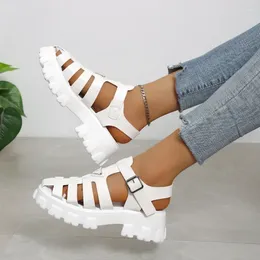 Casual Shoes Square Heel Peep Toe Rome Design Mature Ladies Female Summer Fashion Gladiator Women Narrow Band Cross-tied Platform