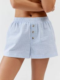 Women's Shorts 2024 Fashion Stripe Print Pajama Elastic Waist Button Decor Straight Leg Sleeping Short Pants