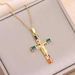 Pendant Necklaces Bohemia Retro Colourful Zircon Crystal Jesus Cross For Women Vintage Punk Style Female Neck Chain Jewellery