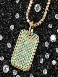 Hip Hop Industry Mens 18K Gold Bling Green Cubic Zirconia Rectangle Arm Card Charm Iced Out Diamond Dog Pendant Necklace for Men Guys4772174