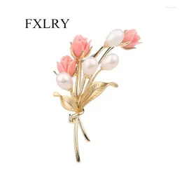 Brooches FXLRY Vintage Fashion Pink Rose Bouquet Brooch Freshwater Pearl Autumn/Winter Coat Accessories