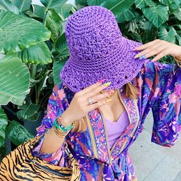 Summer Ice Silk Crochet Bucket Hat Women Y2K Hand-woven Beach Hat Ladies Fashion Party Sun Cap Breathable Sunscreen Visors 240430
