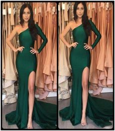 Sexy Split Emerald Green Evening Dresses 2019 Elastic Satin Mermaid Long Sleeve One Shoulder Prom Dresses Evening Party Celebrity 7748385