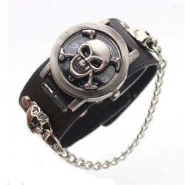 Wristwatches Vintage Skull Large Dial Clamshell Quartz Men's Watch Chronograph Military Pu Leather Chain Wrist Watches Relojes Para Hombre