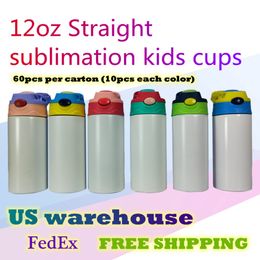 US Warehouse 12oz Kids Sublimation Sippy Cups Blank Straight Tumblers With Mixed Lids Stainnless Steel Drinking Bottle 60pcs carton B6 2692