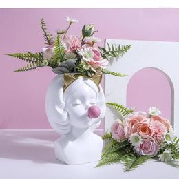 Vases Creativity Bubble Girl Flower Vase Resin Cartoon Modern Home Decoration Handicraft Furnishings Arrangement