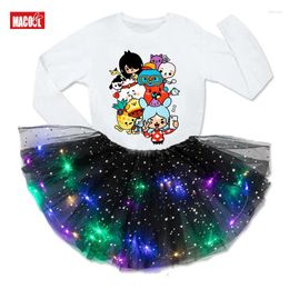 Clothing Sets Girls Tutu Dress Long Sleeve T Shirt Suit Cota Outfits 2 Pcs Princess Party Led Light Skirts Girl Clothes