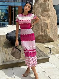 Women Elegant Contrast Knitted Slim Maxi Dress Round Neck Short Sleeve Dresses Lady Vacation Casual Street Vestido Red White 240423