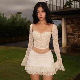 Work Dresses White Lace Long Sleeve Y2k Sexy Skirt Set Festival Wear Women Two Piece Fairycore Spring Outfits P95-DC25